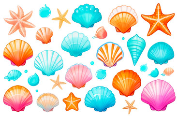 Fototapeta na wymiar collection of cute cartoon seashell on white background
