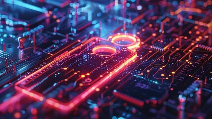 Vivid visualization of digital encryption keys glowing on an intricate electronic circuit board, symbolizing data security.

