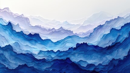 A watercolor painting depicting layered mountain ranges in various shades of blue.