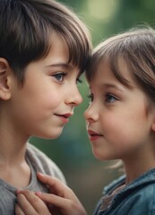 Little boy kissed for the first time adorable little girl. Love and romantic concept.