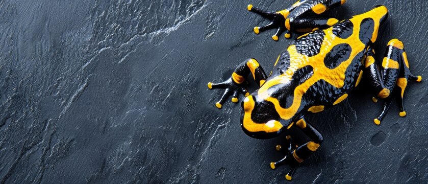  a yellow and black frog sitting on top of a black stone covered in yellow and black fleckled paint.