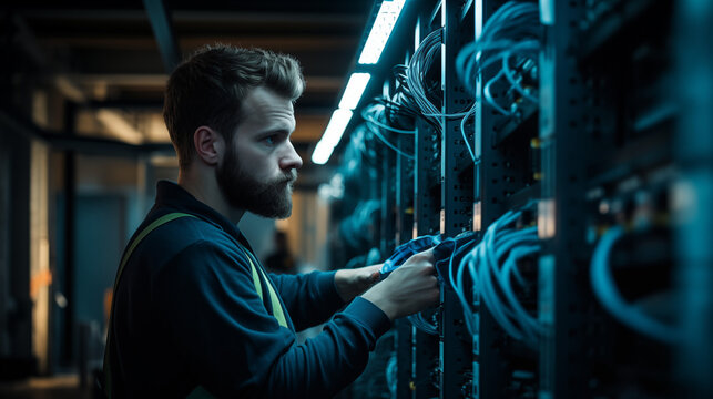 In a server room filled with the hum of machinery, a young technician clad in protective workwear stands with determination as he sets up a network. 