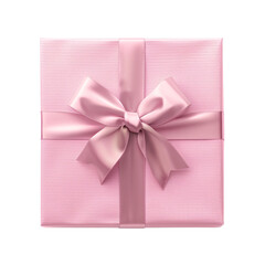 Top view of a baby pink square gift box with a ribbon bow wrap on an isolated background