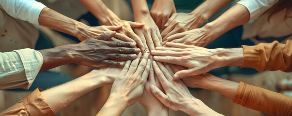 United Hands Diverse Group Coming Together Symbolizing Teamwork. Concept Diversity, Teamwork, Unity, Community, Collaboration - obrazy, fototapety, plakaty