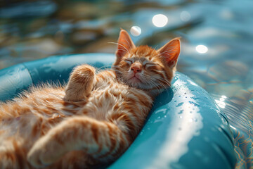 Cat enjoying the sunlight and floats on water in a blue inflatable.
