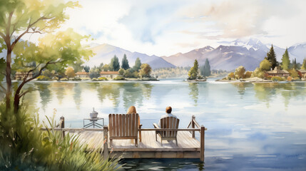 A serene lakeside retreat with a couple sitting on a dock, holding hands, surrounded by tranquil water and lush greenery, distant mountains.