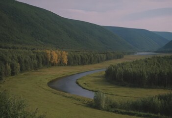 landscape with mountains, forest and a river in front. beautiful scenery