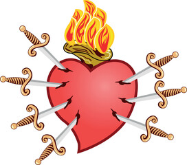 Ilustración vectorial de corazón con siete dagas. Corazón de los dolores.