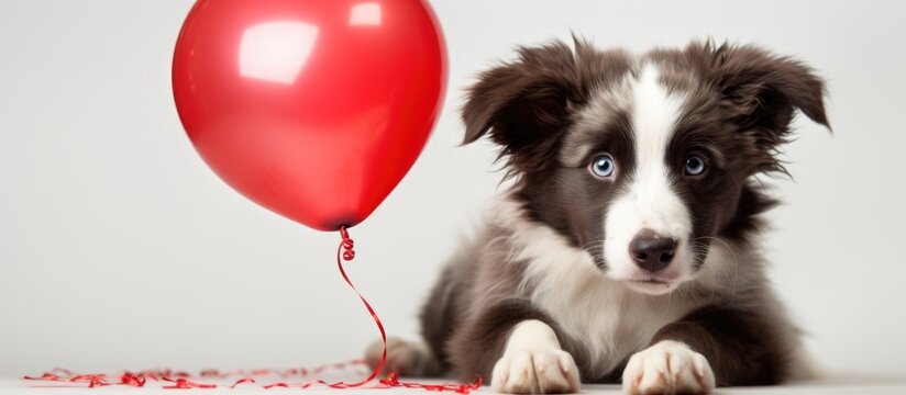 A black and white border collie puppy holds a red balloon in its paw, creating a playful and heartwarming scene for Saint Valentines Day.
