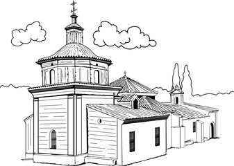 Ilustración vectorial de iglesia. Dibujo iglesia a una tinta.