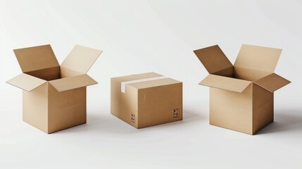 Fototapeta premium Three open cardboard boxes sitting next to each other. Perfect for illustrating storage or moving concepts