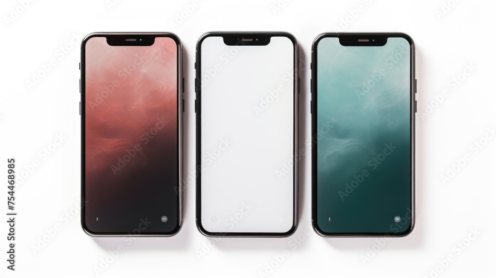 Poster three modern smartphones lined up on a clean white background. suitable for technology and communica