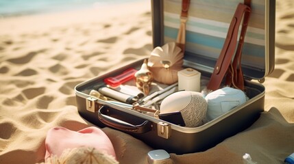 A suitcase left open on a sandy beach, perfect for travel concepts
