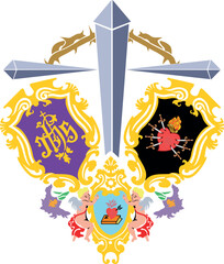 Ilustración vectorial de escudo religioso con corona de espinas y clavos
