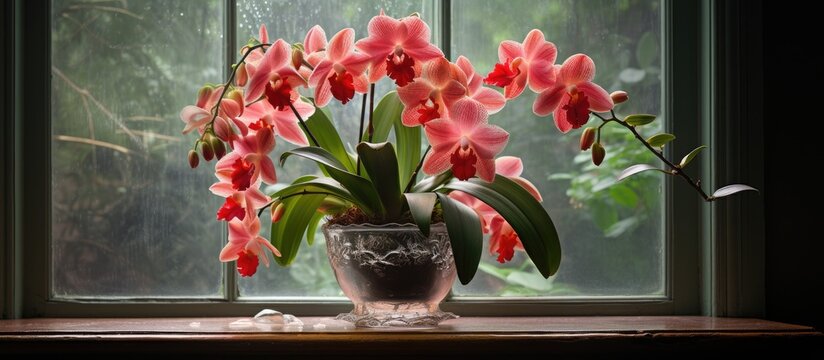 A vase filled with pink flowers sits on top of a window sill, creating a vibrant burst of color against the backdrop of the window.
