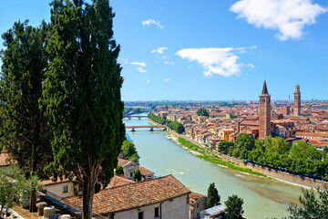 View over the beautiful city of Verona with cypress trees, Italy - 754469104