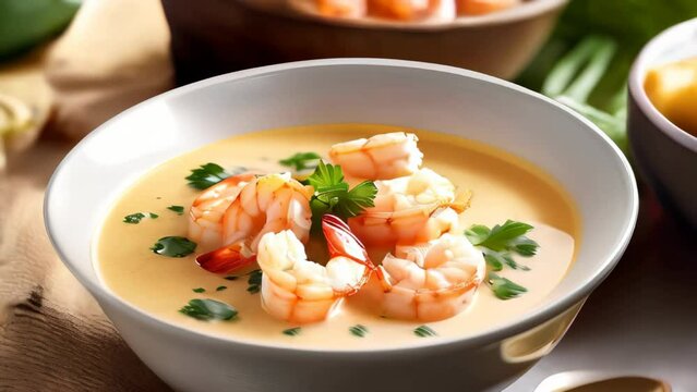 Tom Yam kung spicy Thai soup with prawn and coconut milk. Traditional asian spicy coconut milk soup. Cream soup. Coconut Shrimp Soup.