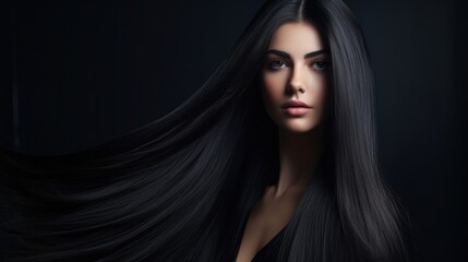 Fototapeta premium A stunning woman with flowing black hair. Ideal for beauty and fashion projects