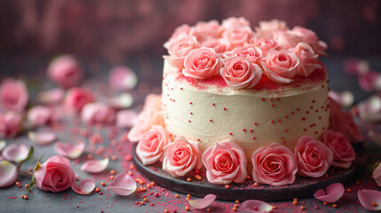 White Cake Decorated Pink Roses on a Rose Background