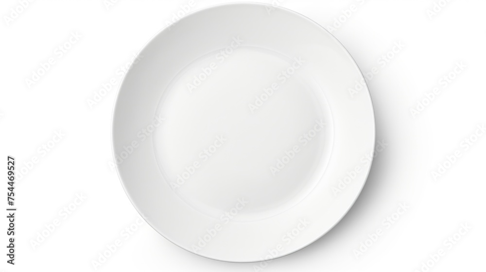 Poster Simple and minimalist image of an empty white plate on a white surface. Perfect for food and kitchen concepts