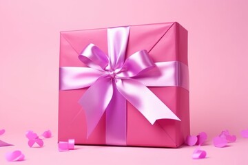 Luxurious pink gift box tied with a silky satin ribbon on a pastel background.