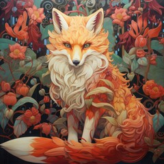 Fototapeta premium A painting of a fox sitting in a field of flowers. Suitable for various nature-themed designs