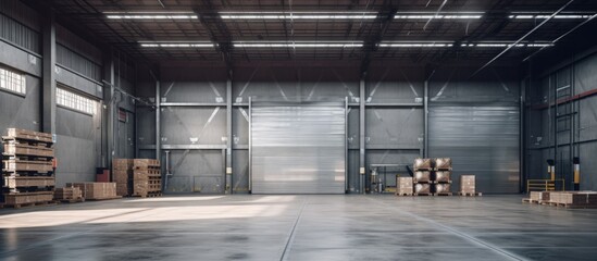 An interior view of an empty warehouse with stacks of pallets and boxes scattered throughout. The shutter doors are opened, allowing natural light to illuminate the space. - obrazy, fototapety, plakaty