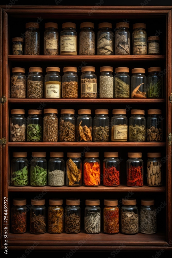 Poster Assorted spices neatly displayed on a shelf. Perfect for culinary concepts