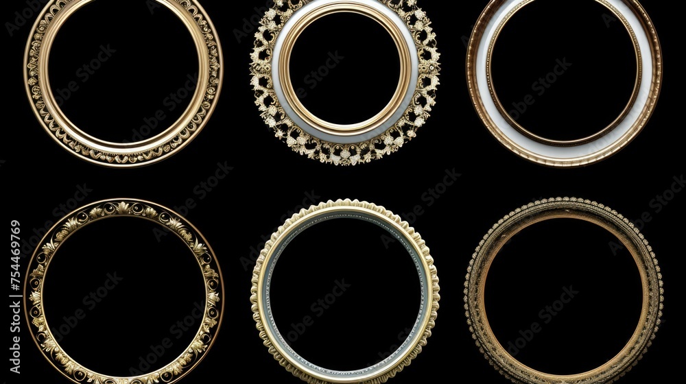Poster Set of four round gold frames on a sleek black background. Perfect for elegant design projects