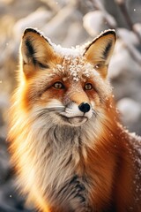 A close up of a red fox in the snow, suitable for nature or wildlife themes