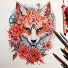 Fototapeta premium A drawing of a fox surrounded by colorful flowers. Suitable for nature and wildlife themes