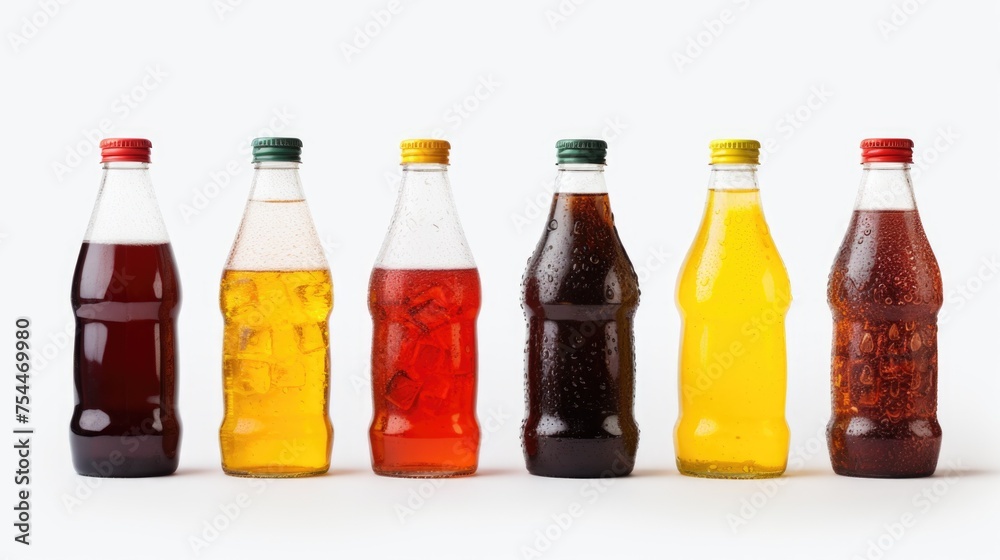 Poster row of soda bottles filled with different colored liquids. perfect for advertising or product design