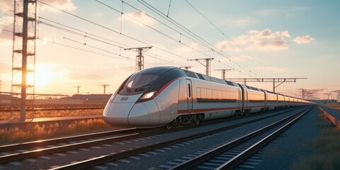Fototapeta premium A passenger train traveling down train tracks at sunset. Suitable for transportation and travel concepts