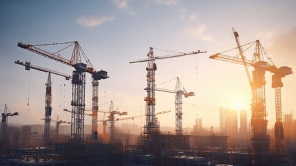 City skyline with construction cranes, ideal for urban development projects - obrazy, fototapety, plakaty
