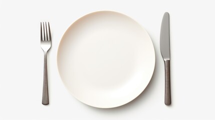 A simple white plate with a fork and knife. Perfect for food and dining concepts