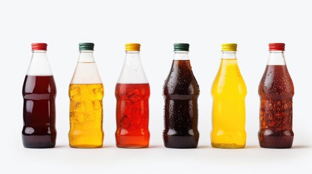 Row of soda bottles filled with different colored liquids. Perfect for advertising or product design