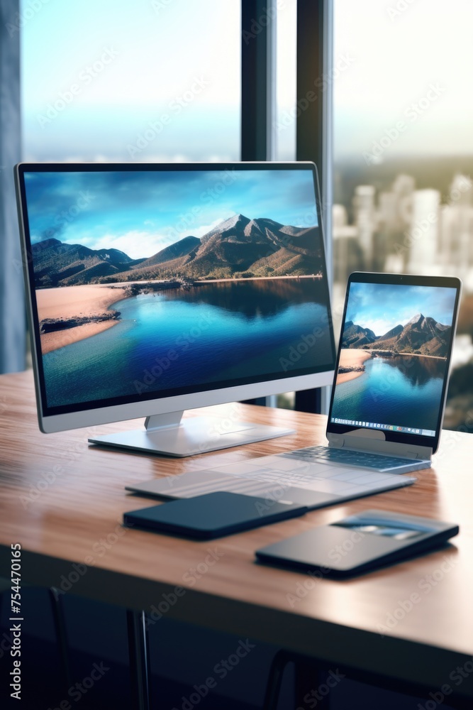 Poster A desk setup with a laptop and monitor, perfect for office or technology concepts