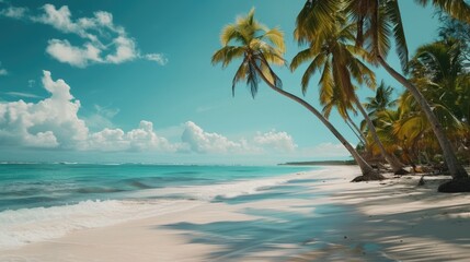 Beautiful sandy beach with palm trees, perfect for travel websites