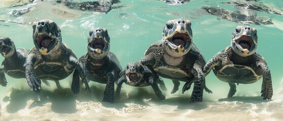 Fototapeta premium a group of turtles in the water with their mouths open and their mouths wide open and their mouths wide open.