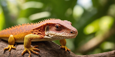 Tropical lizard in jungle on a sunny day. Rainforest illustration with bright colorful reptile among exotic plants with big leaves. Background with pristine nature landscape