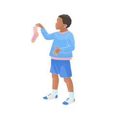 African American boy holding a sock in his hands	
