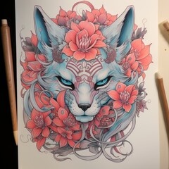 A drawing of a wolf with flowers on its head. Perfect for nature-themed designs