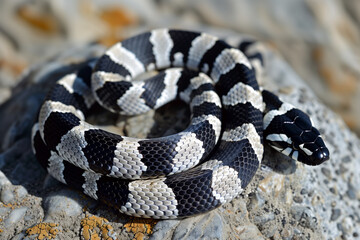 Obraz premium California king snake in black and white stripes curled on a rocky surface