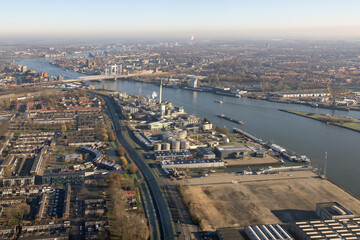 Aerial view Dutch city Dordrecht along river Oude Maas