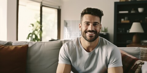 A man sitting on a couch in a living room. Suitable for lifestyle or home decor concepts