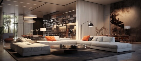 A modern living room is depicted with a comfortable couch, a stylish chair, a sleek table, and a well-organized bookshelf. The furniture is neatly arranged,