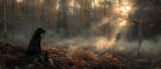  a dog sitting on a log in the middle of a forest with fog and sunbeams in the background.