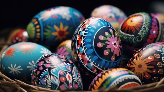 A basket filled with brightly painted Easter eggs. Perfect for Easter-themed designs