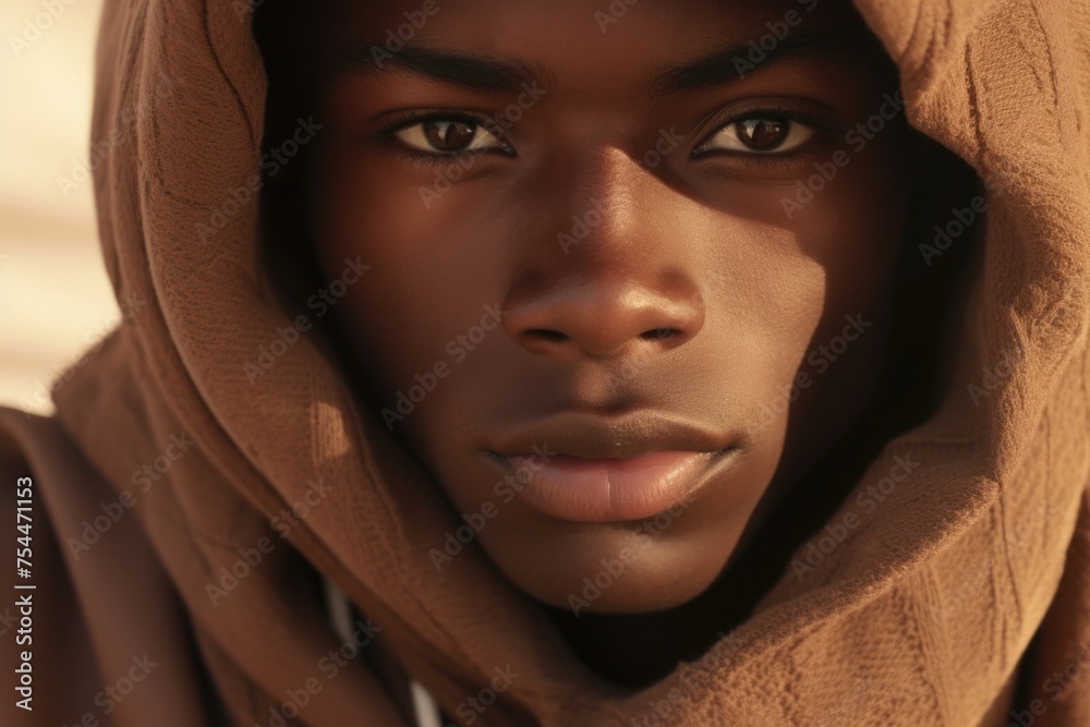 Poster close up image of a person wearing a hoodie, suitable for various concepts