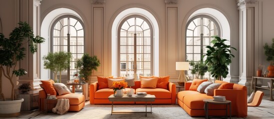 Fototapeta na wymiar A classic living room is filled with elegant orange furniture, including a sofa with poufs, coffee tables, vases, and decor items. The room features archways, an arched window, and a door,